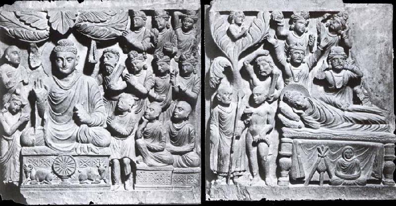 unknow artist Relief from Gandhara with the-first preaching in first preaching in the deer camp-and the death of Buddha, Kushana. Germany oil painting art